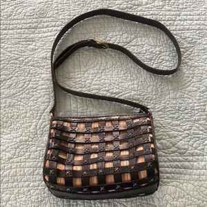 Vintage Black and Tan Leather Crossbody Bag with Woven Design